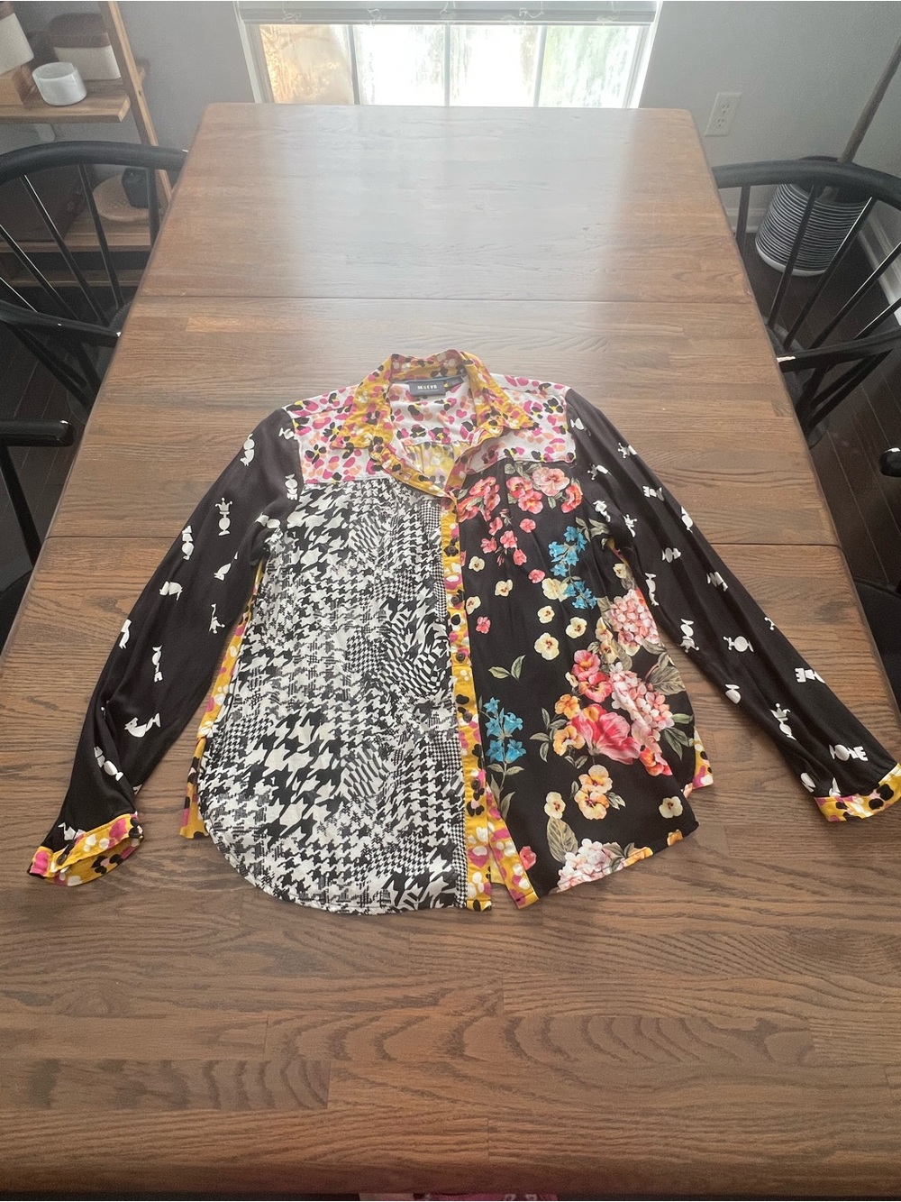 Anthropologie Maeve Mixed-Print Button-Down Shirt in Black, White & Yellow